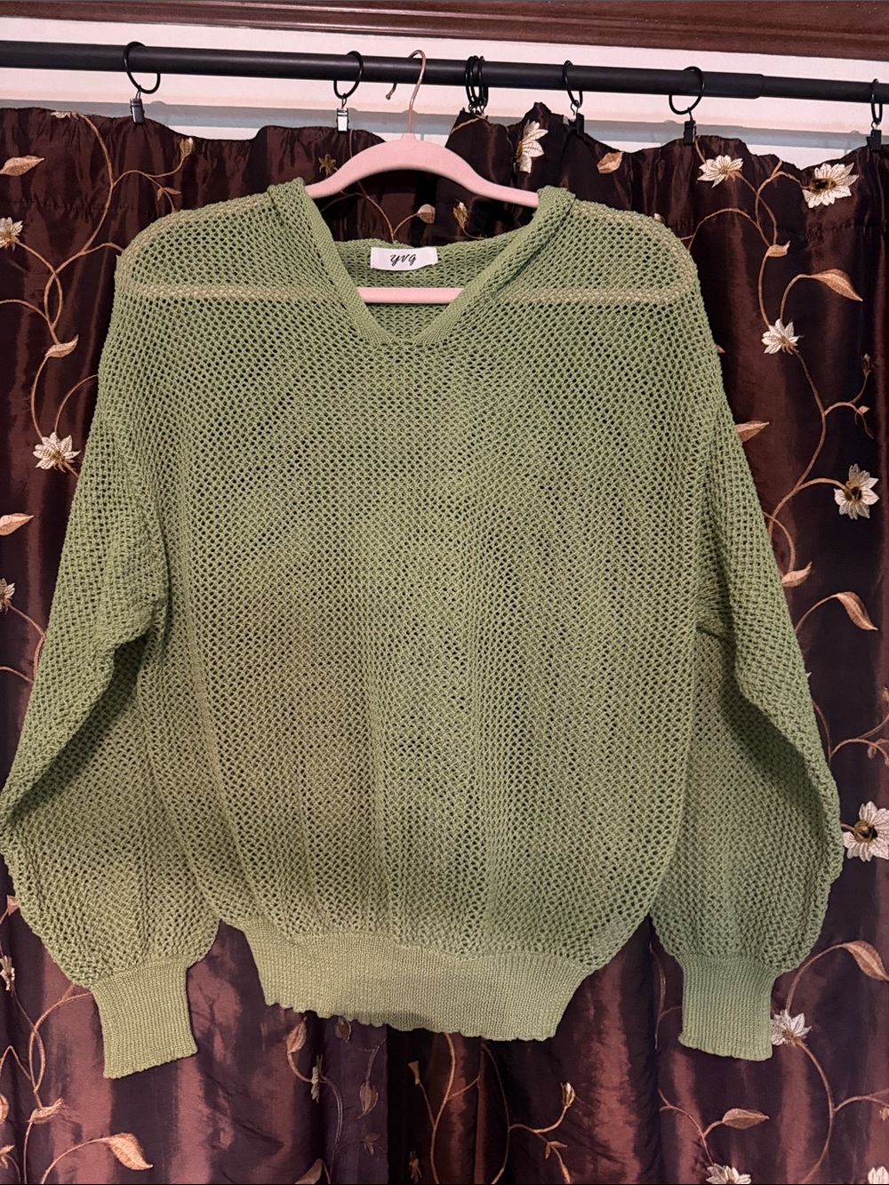 Light Green Open Knit Hoodie Sweater -